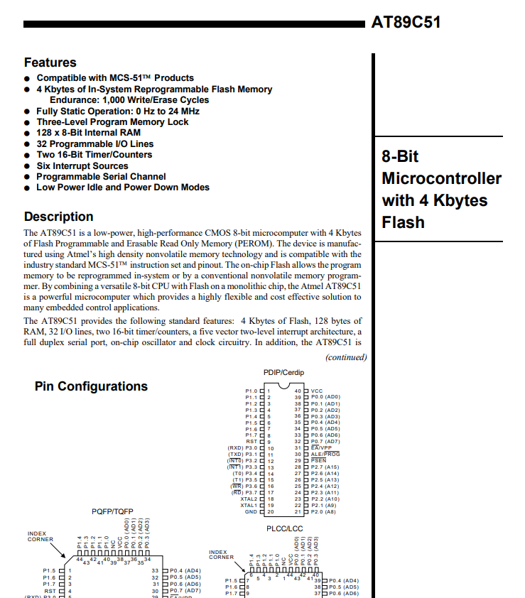 AT89C51 8-Bit Microcontroller with 4 Kbytes Flash