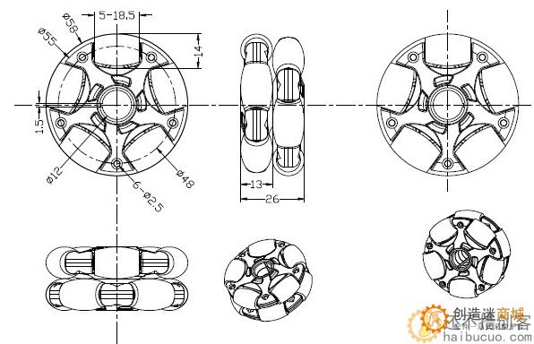 58mm全向轮 福来轮 Omni Wheel 轮子 ROS平台全向运动 多方位移动