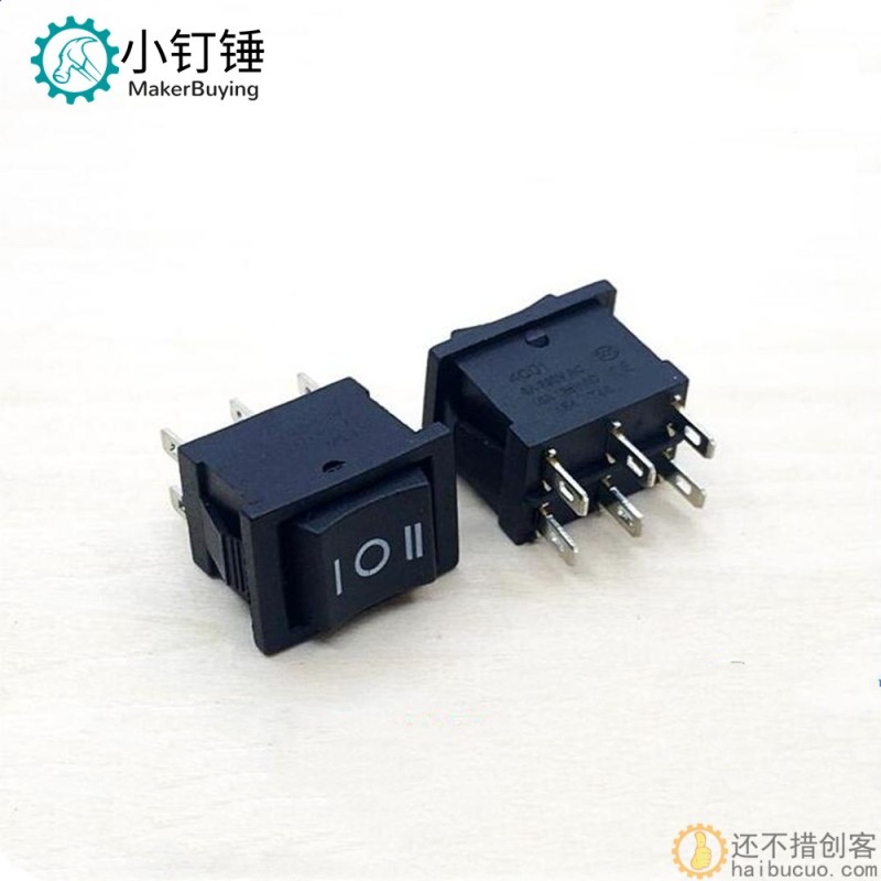 小型正反转开关KCD1船型开关6脚3档6A250V AC双刀双掷按钮开关SND155