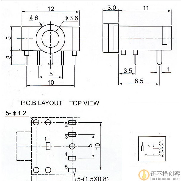 3F07 双声道3.5音频插座/耳机插座 5脚 五脚
