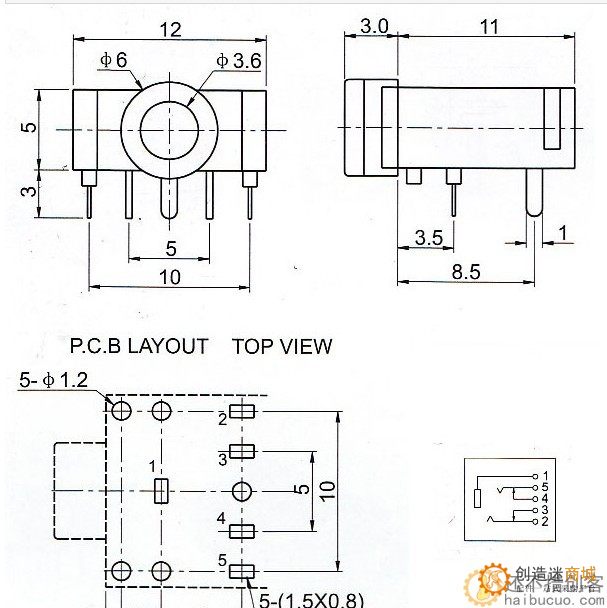 3F07 双声道3.5音频插座/耳机插座 5脚 五脚