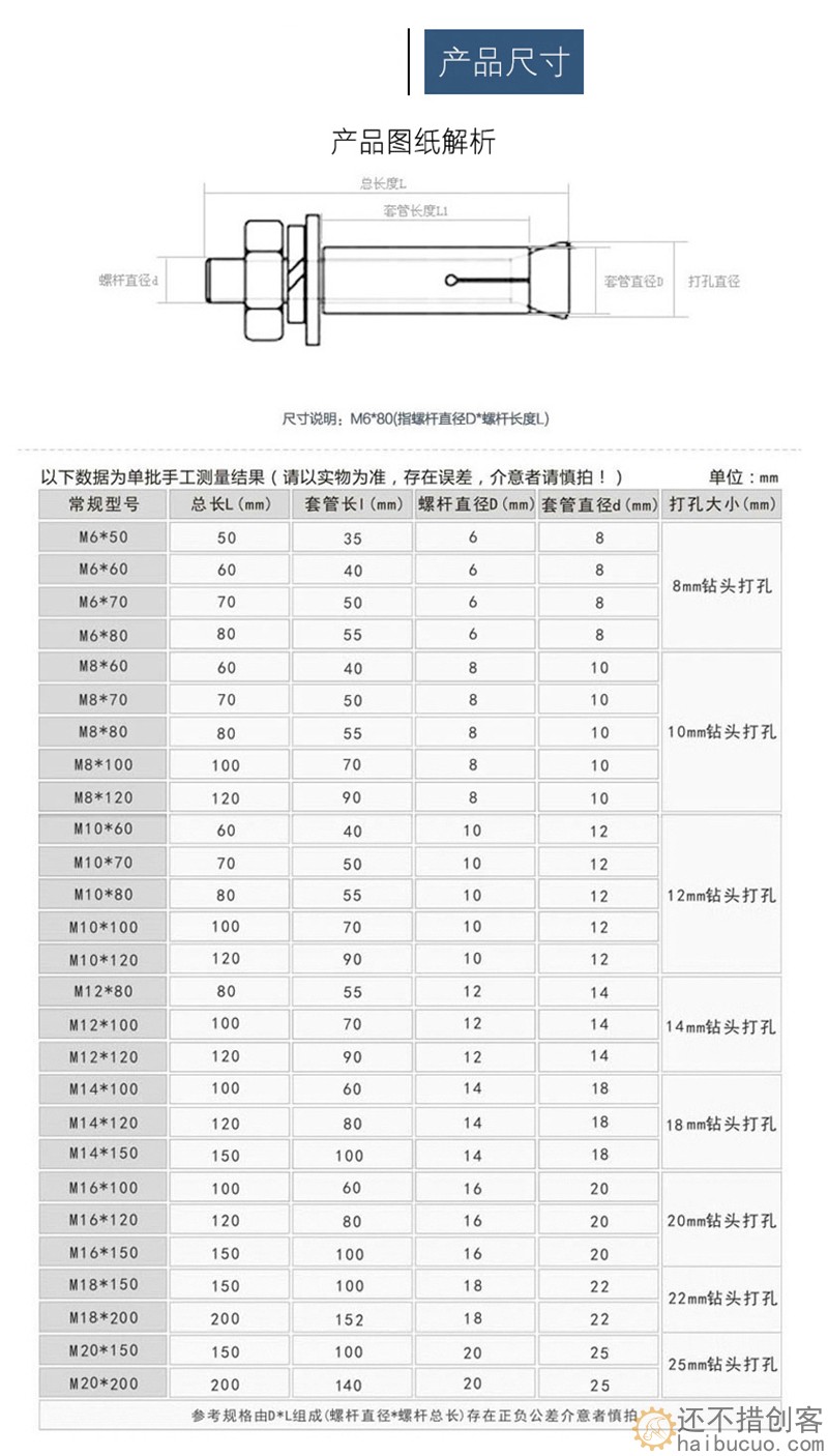 镀锌膨胀螺丝外膨胀螺栓6mm拉爆爆炸螺丝钉膨胀管国标M8M10M