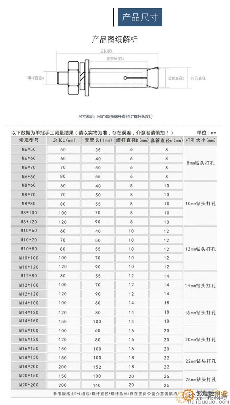 镀锌膨胀螺丝外膨胀螺栓6mm拉爆爆炸螺丝钉膨胀管国标M8M10M