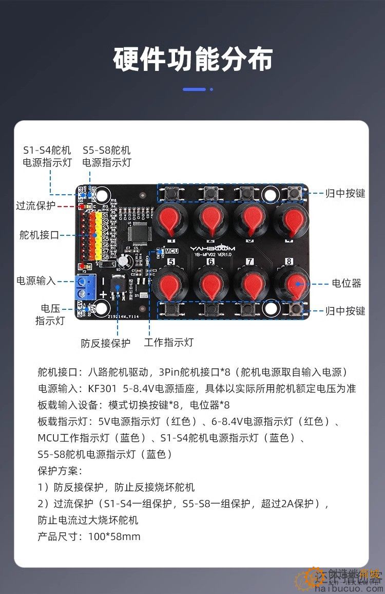 八路舵机控制器 调试板机械手臂测试板驱动仪旋钮8路PWM开发工控SNA348